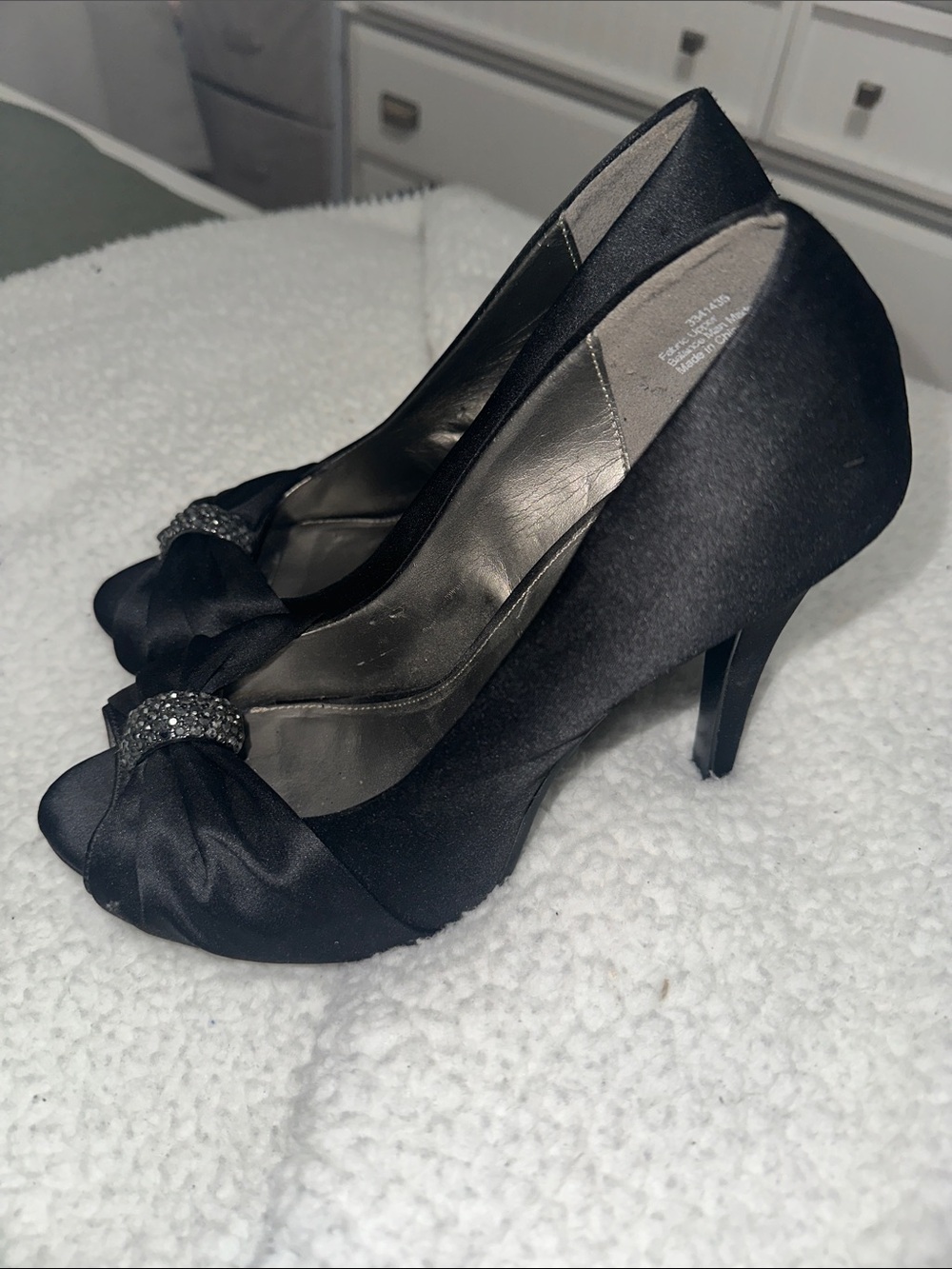 Lulu Townsend Black Satin Peep-Toe Heels with Rhinestone Knot